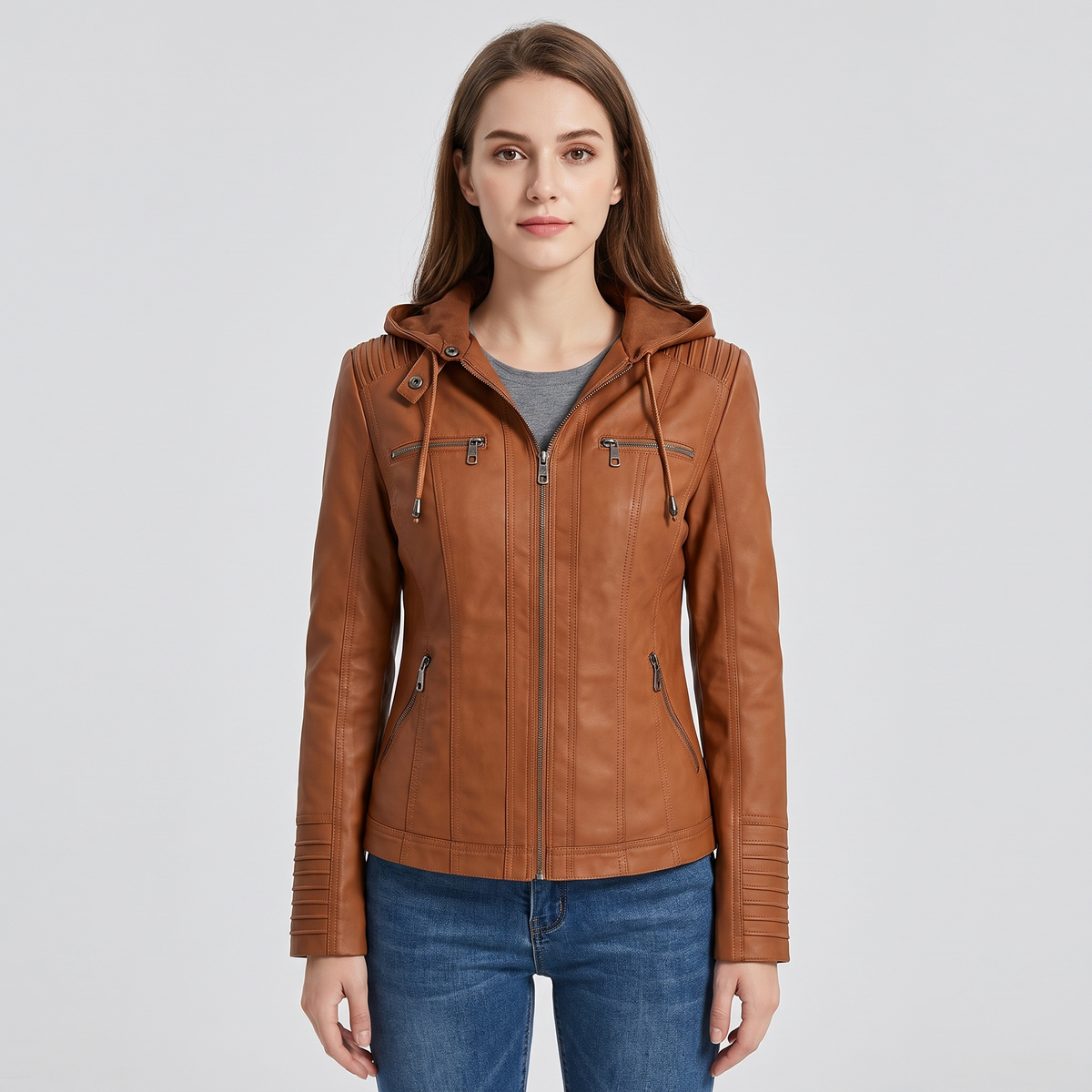 Leah | Womens Faux Leather Biker Jacket with Removable Hood | Zip Details | Black, Brown, Beige and More XS-5XL