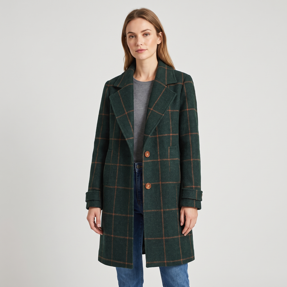 Julie | Womens Wool Blend Check Coat with Lapel Collar | Tweed Texture, Lined | Dark Green or Gray Sizes S-5XL
