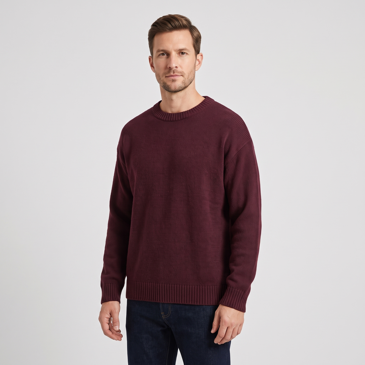 Kyle | Mens Crew Neck Knit Sweater with Dropped Shoulders | Boxy Fit, Ribbed Trim | Cream, Gray and More XS-XL