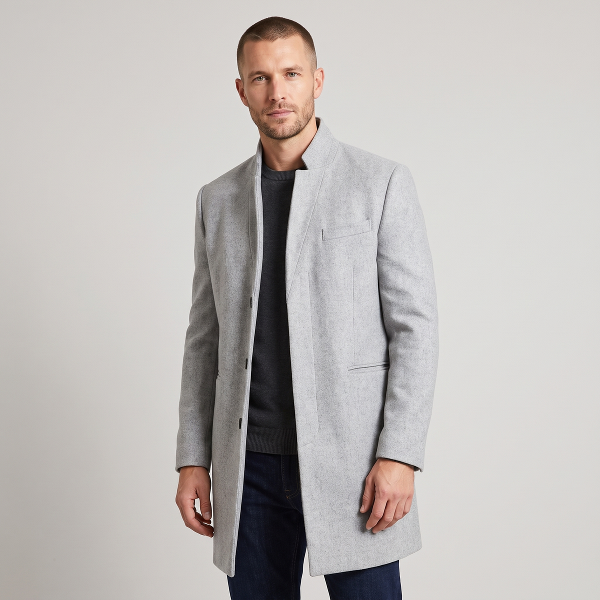 Teddy | Mens Slim-Fit Mid-Length Overcoat | Stand Collar, Welt Pockets, Tailored Look | Gray, Black and Blue XS-3XL