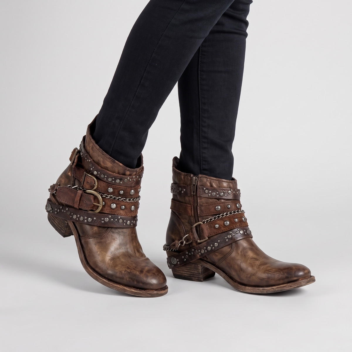 Kelly | Womens Studded Leather Ankle Boots with Buckles | Side Zip, Block Heel | Brown, Black and More US 4.5-11