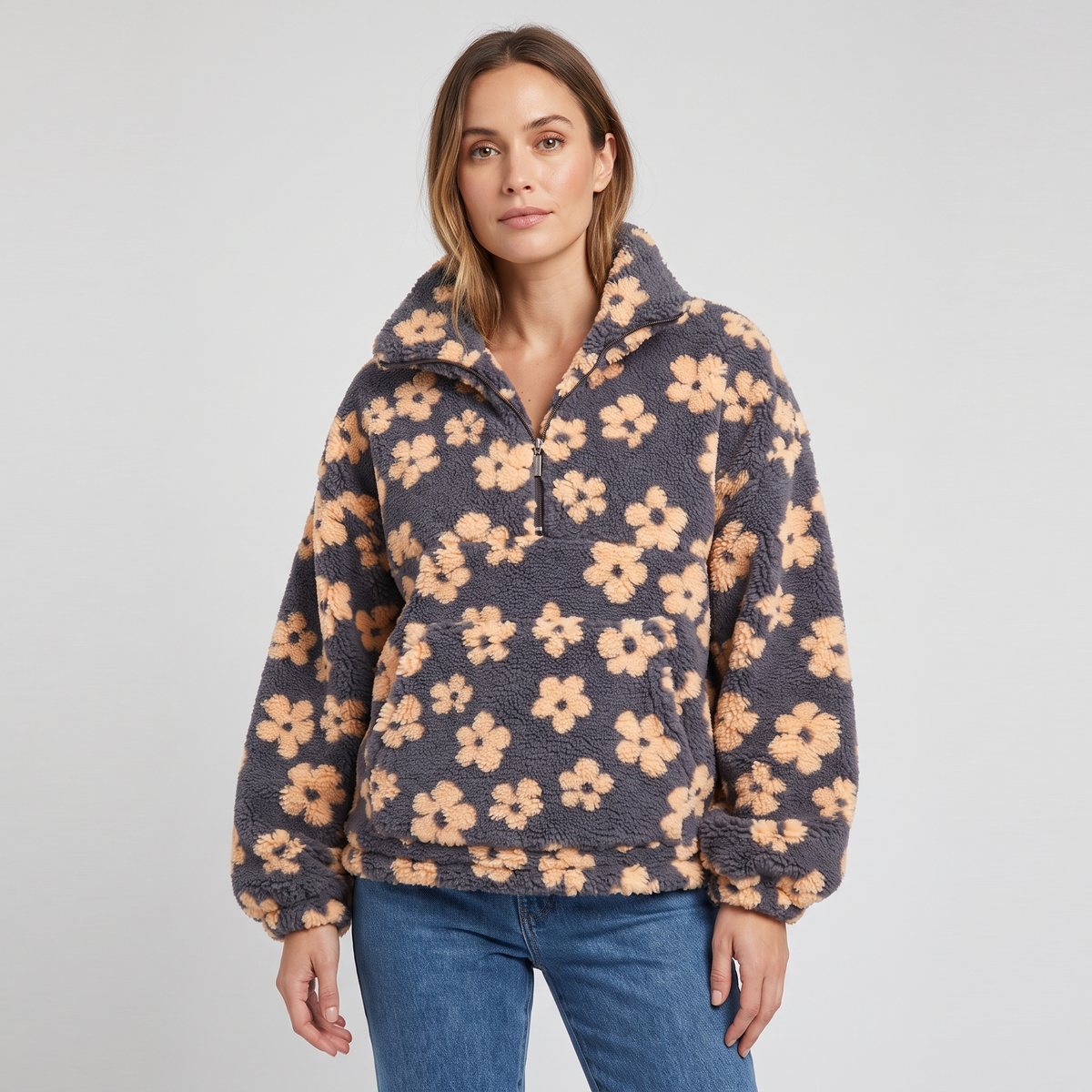 Erica | Womens Floral Teddy Fleece Jacket with Half Zip | Oversized Fit, Daisy Print | Yellow, Pink and More S-3XL