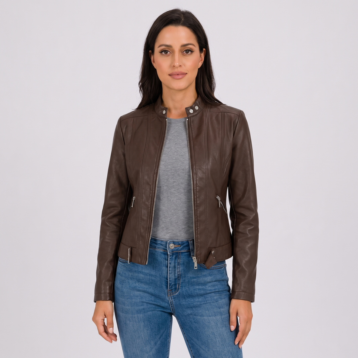 Kara | Womens Faux Leather Jacket with Zip Pockets | Vegan Leather, Classic Cut | Brown, Purple, Red and More XS-XL