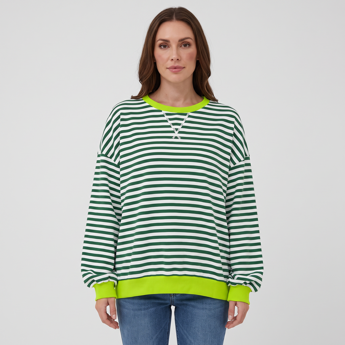 Nicole | Womens Striped Sweatshirt with Contrast Ribbed Trim | Crew Neck, Drop Shoulders | 9 Colors Sizes S-XL