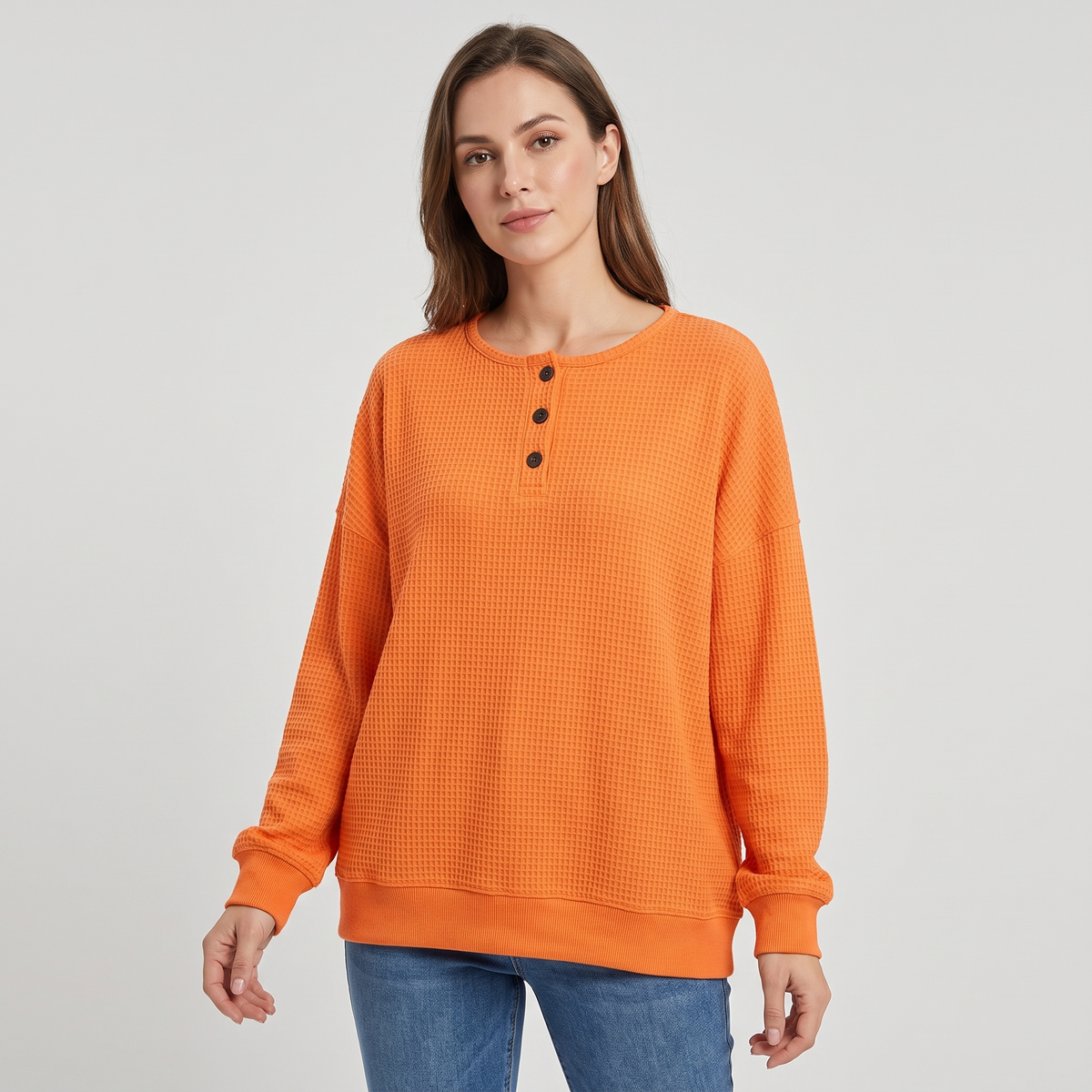 Dana | Womens Waffle Knit Henley Sweatshirt | Button Placket, Drop Shoulders | Orange, White, Red and More S-3XL