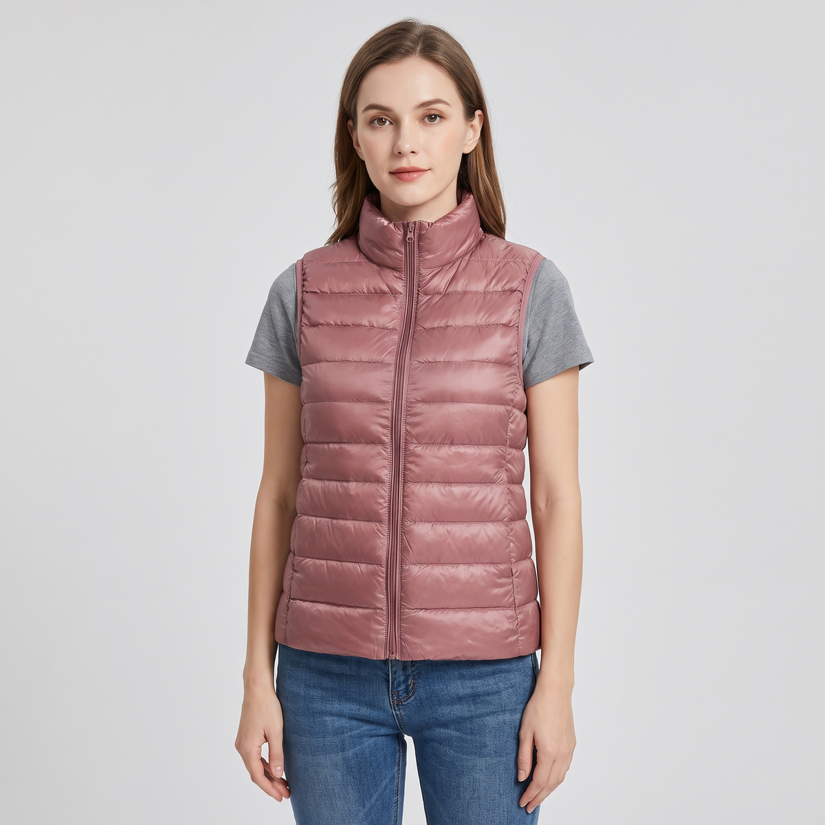 Erika | Womens Padded Vest with Stand Collar and Zip Front | Lightweight, Quilted | Black, Navy and More S-4XL