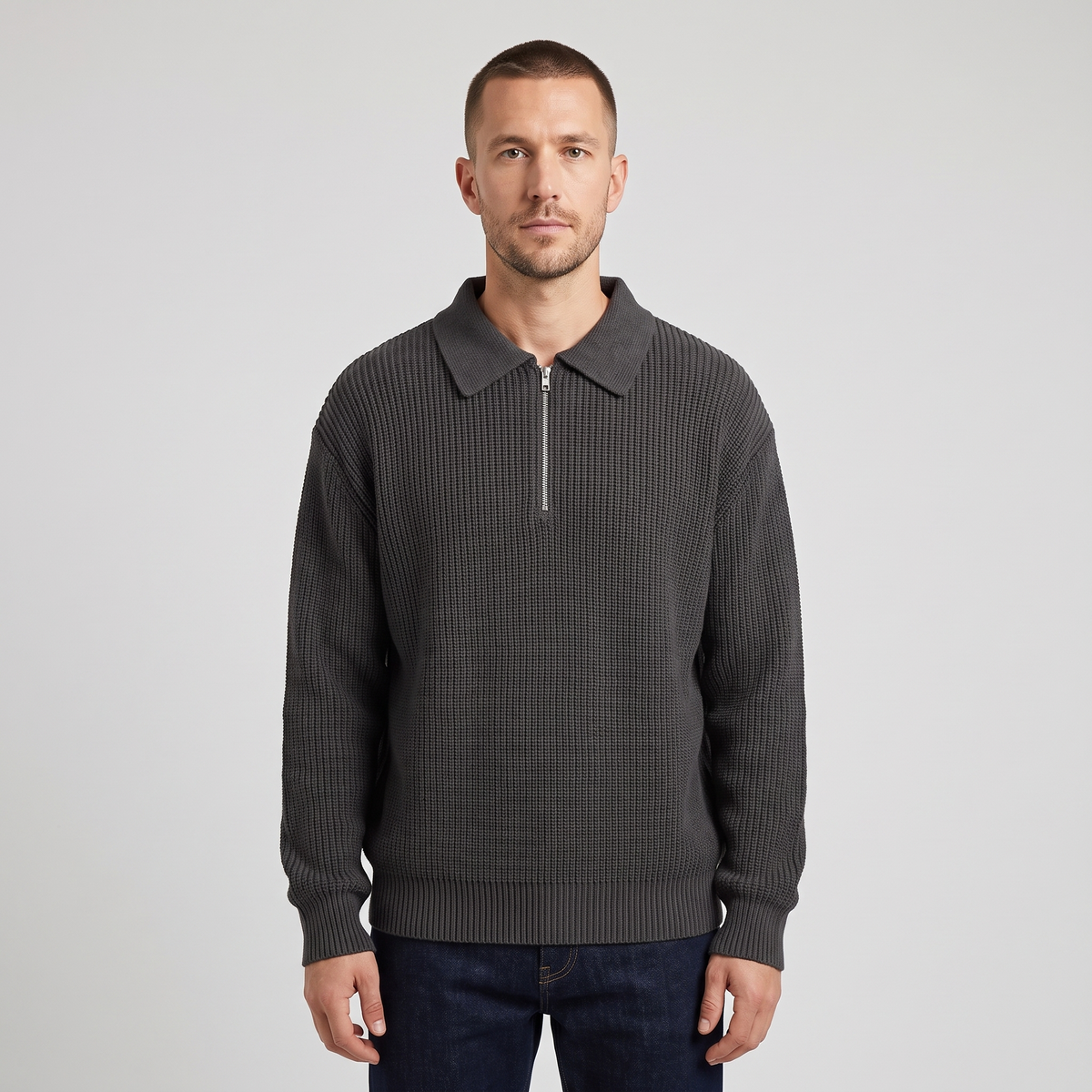 Jose | Mens Knit Zip Sweater with Collar | Loose Relaxed Fit, Classic Zipper Closure | Black, Gray, Khaki M-3XL