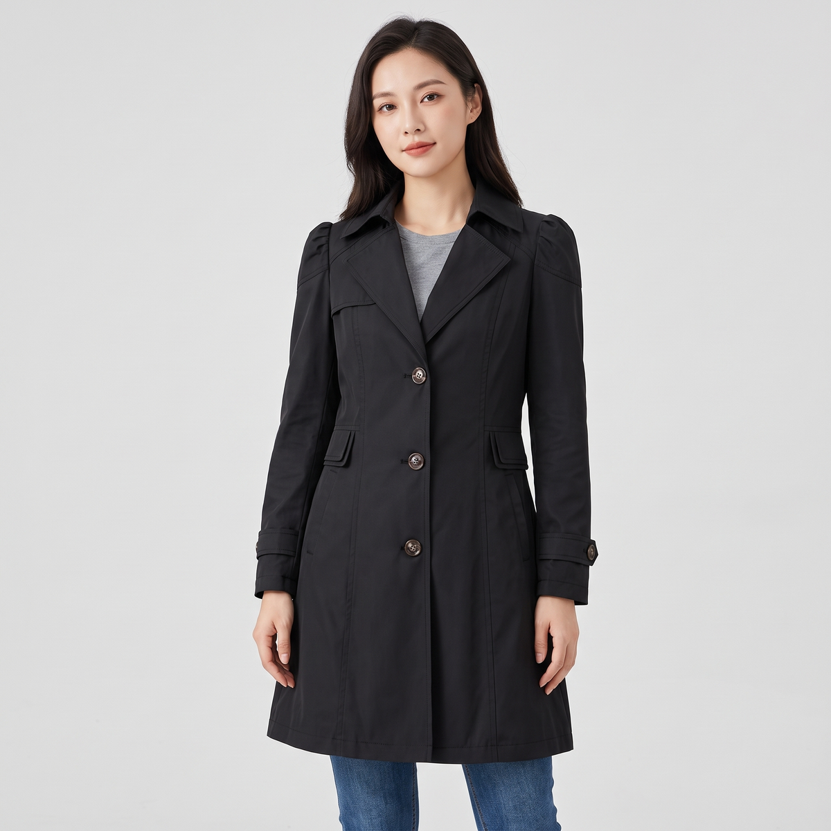 Véronique | Womens Mid-Length Trench Coat with Belt | Cotton Blend, Button Front | Black, White, Pink, Beige M-3XL