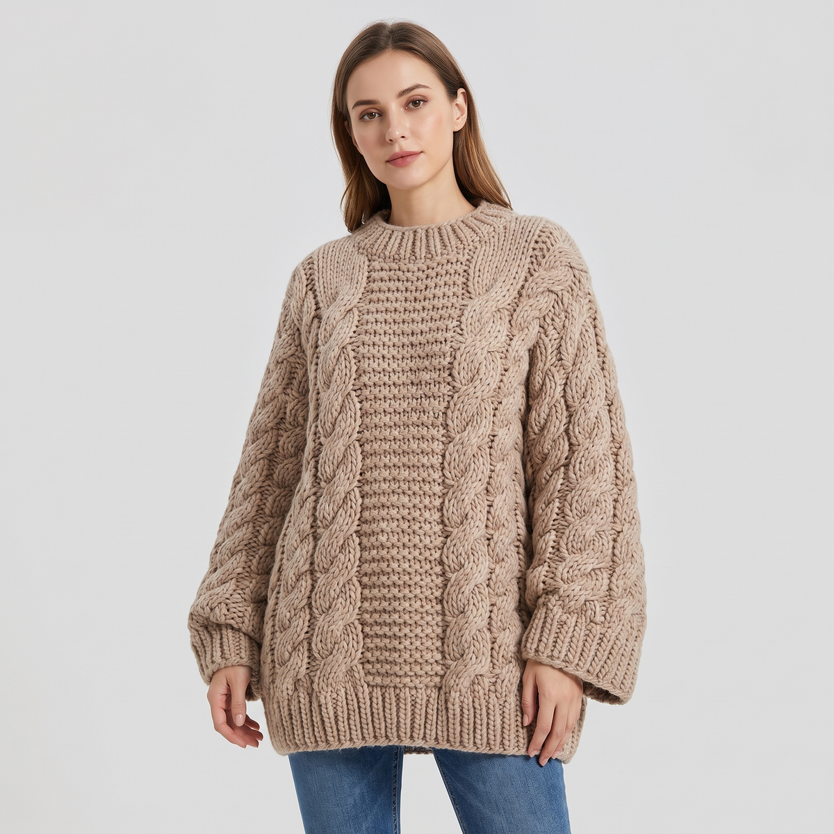 Gail | Womens Chunky Knit Sweater with Oversized Fit | Dropped Shoulders, Soft Knit | Khaki, White or Pink S-L