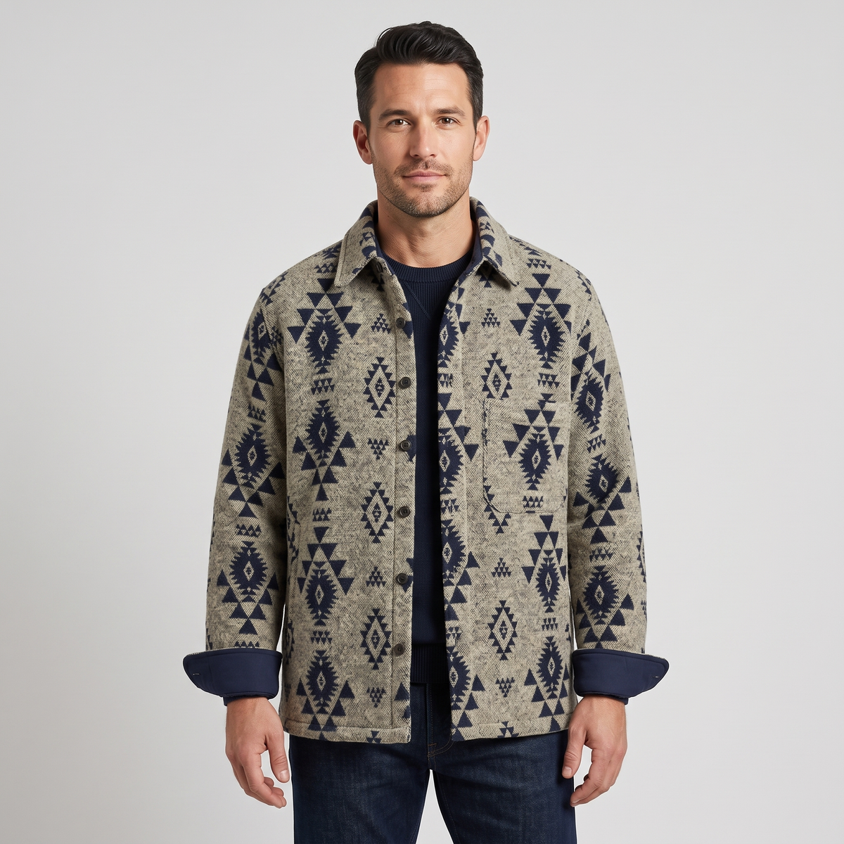 Weston | Mens Southwestern Pattern Wool Blend Jacket | Relaxed Fit, Machine Washable | Beige Navy, Obsidian Black XS-3XL