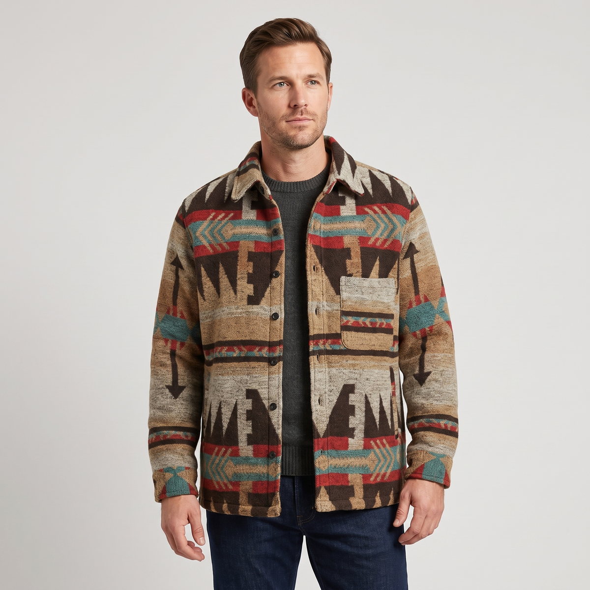 Marcus | Mens Patterned Wool Blend Jacket | Heritage Pattern, Relaxed Fit, Machine Washable | Dark and Light Brown XS-3XL