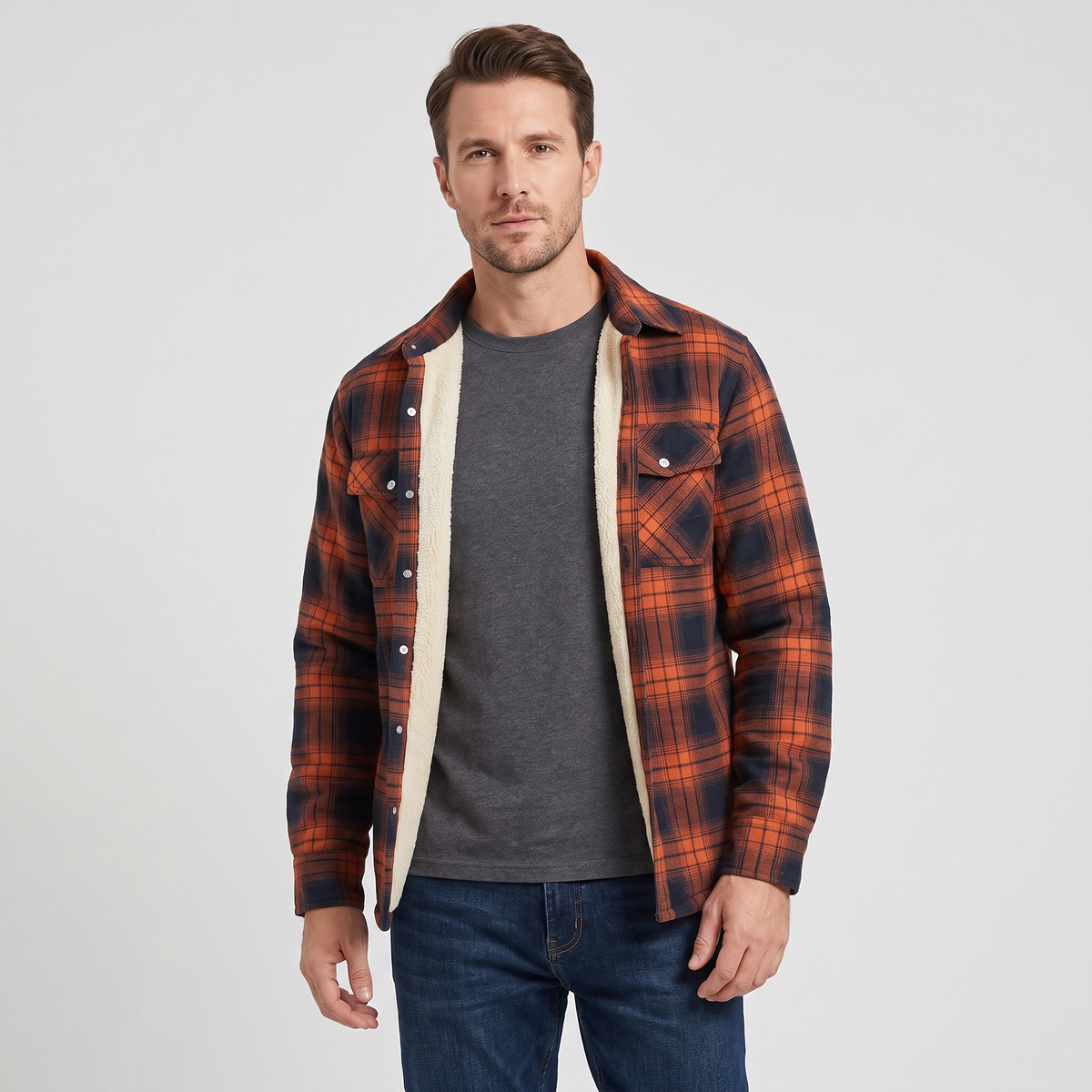 Derrick | Mens Sherpa Lined Plaid Shirt Jacket | Button-Down Closure, Chest Pocket | Orange, Green, Red and More S-5XL