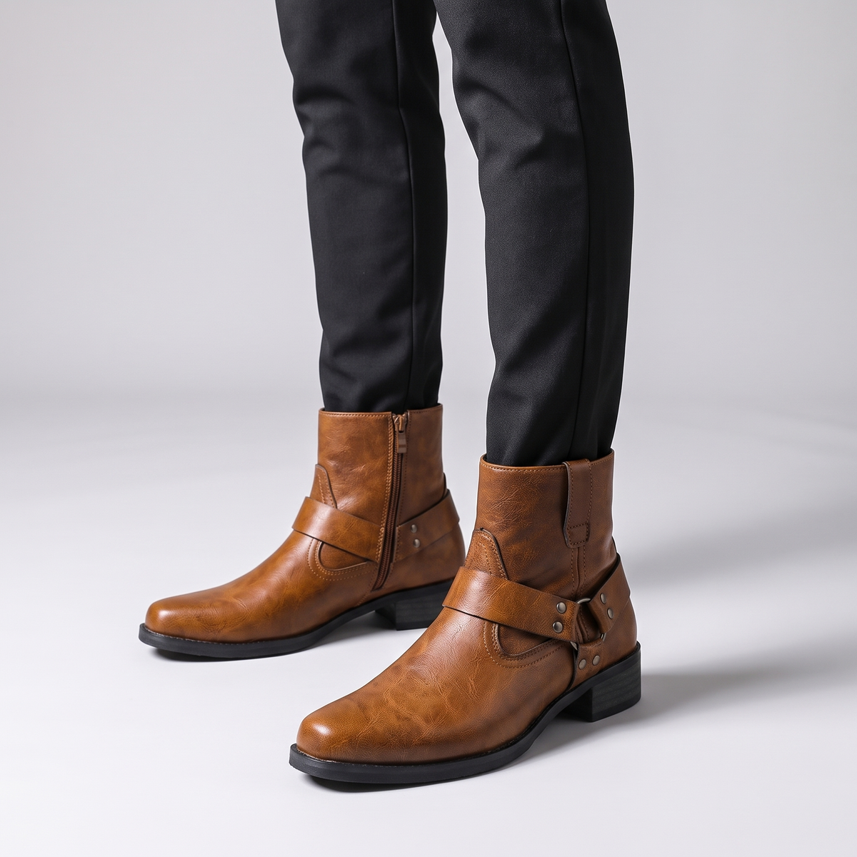 Philip | Mens Genuine Leather Boots with Metal Hardware | Cushioned Insoles, Slip-Resistant Sole | Cognac, Black US 7-12