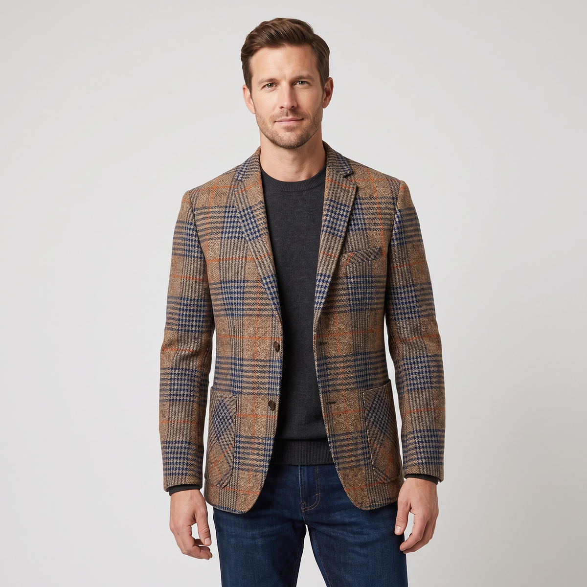 Kristopher | Mens Houndstooth Wool Blend Blazer | Notch Lapels, Two-Button, Multi-Pocket | Brown or Gray XS-2XL