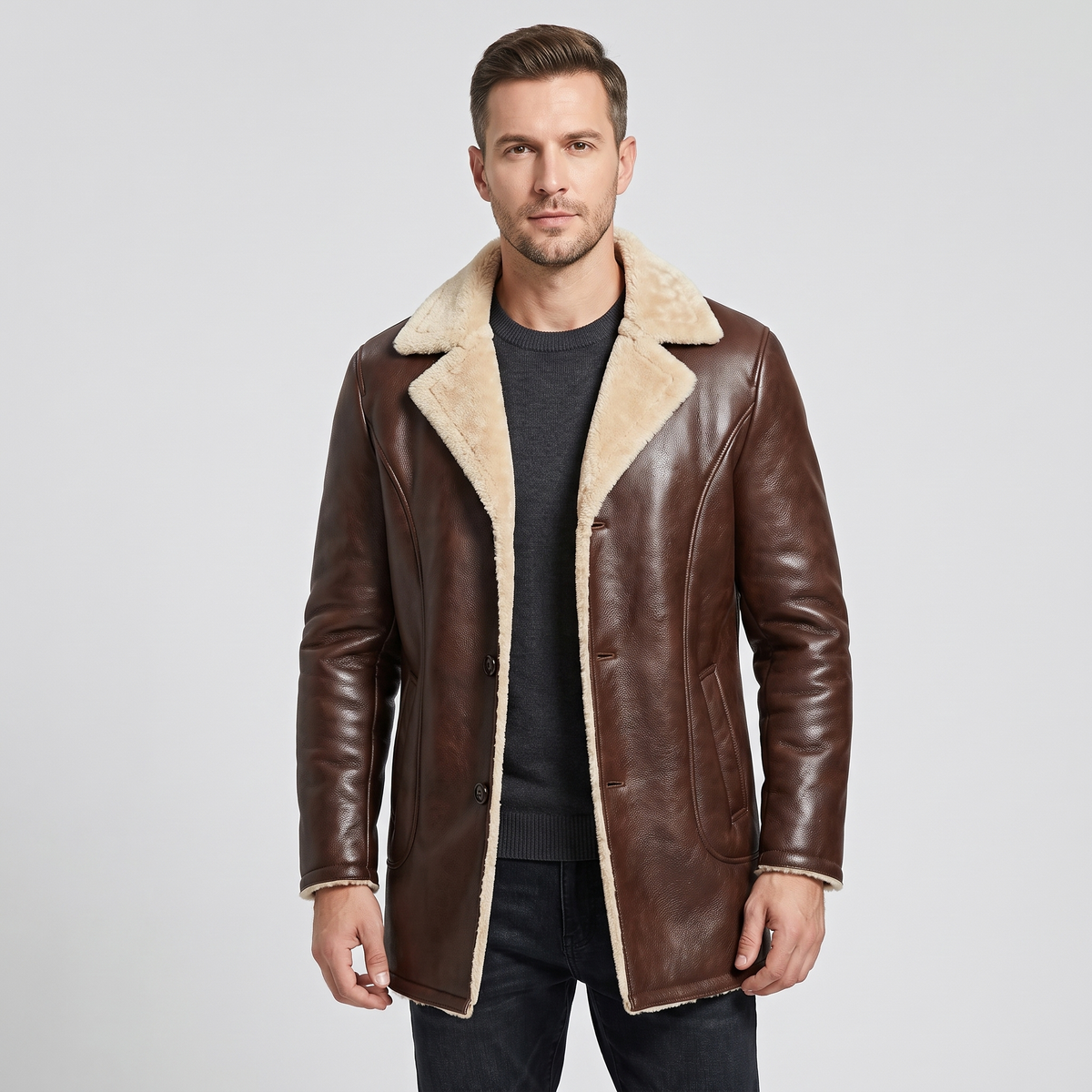Marshall | Mens Leather Coat with Shearling Lining | Natural Grain Leather, Fully Lined | Oak Brown, Obsidian Black XS-4XL