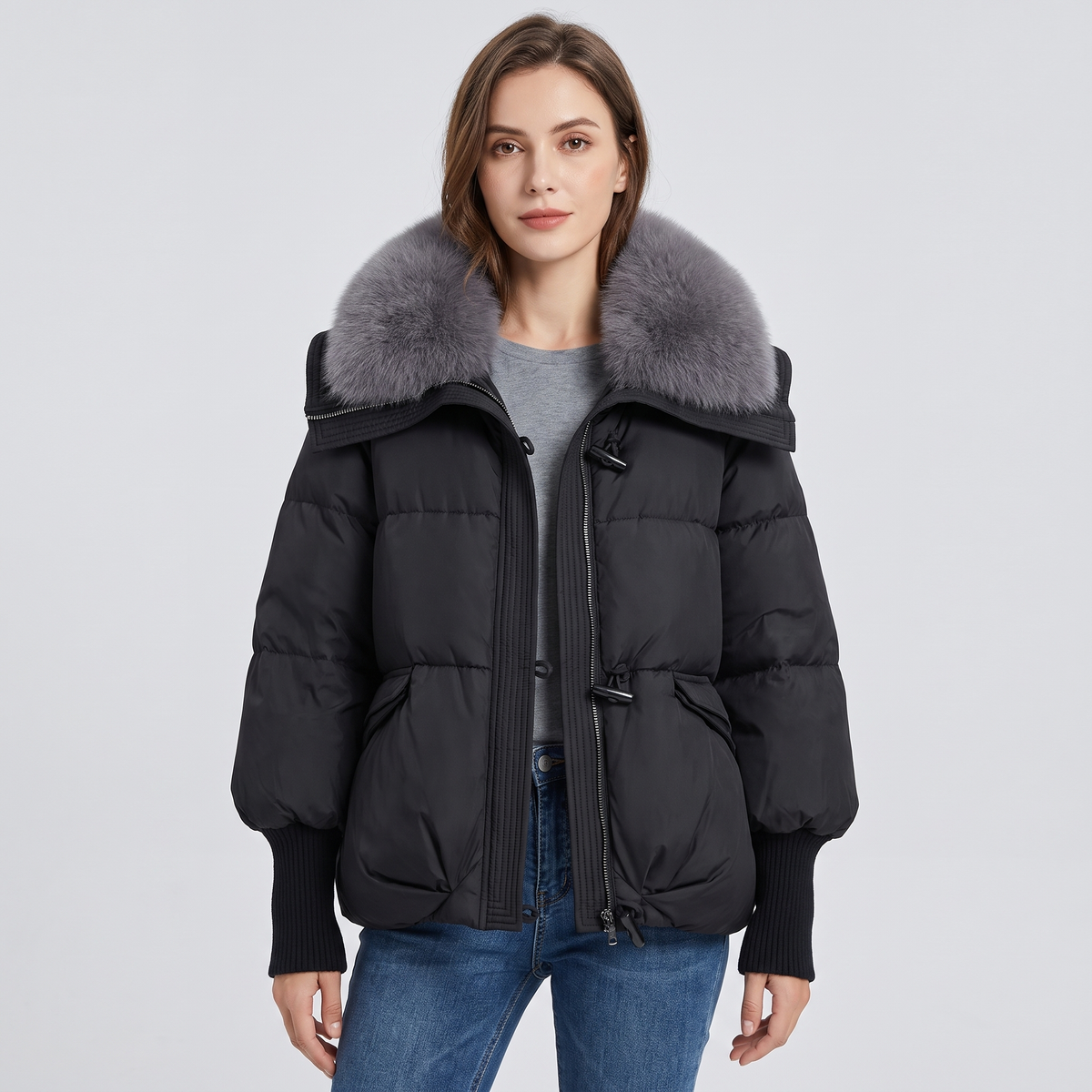 Valentina | Womens Long Puffer Jacket with Fur Collar | Extra-Long Sleeves, Silk Cotton Filling | Black, White or Brown S-XXL