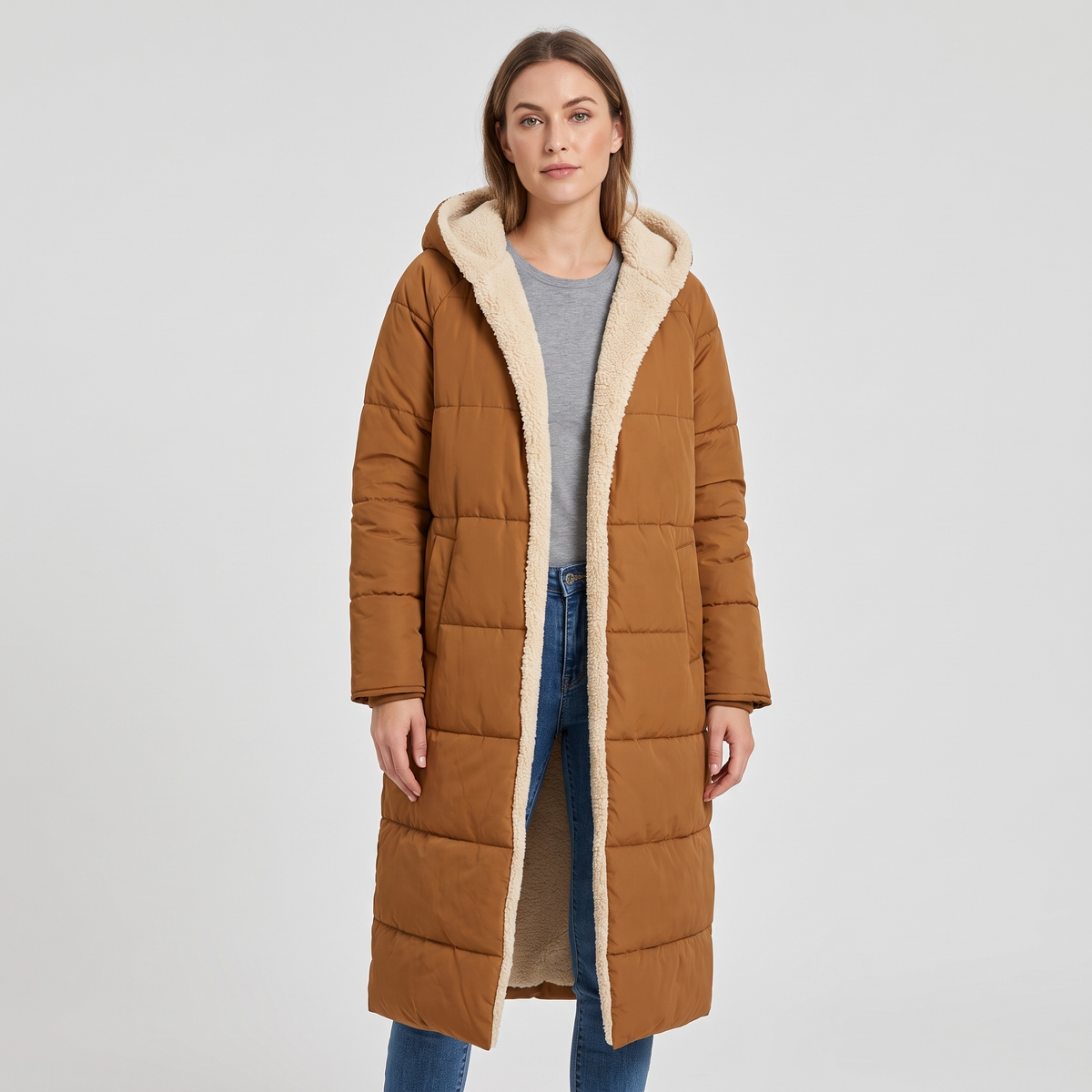 Angela | Womens Longline Puffer Coat with Sherpa Lining | Quilted, Open Front, Side Pockets | Brown, Black and More S-3XL