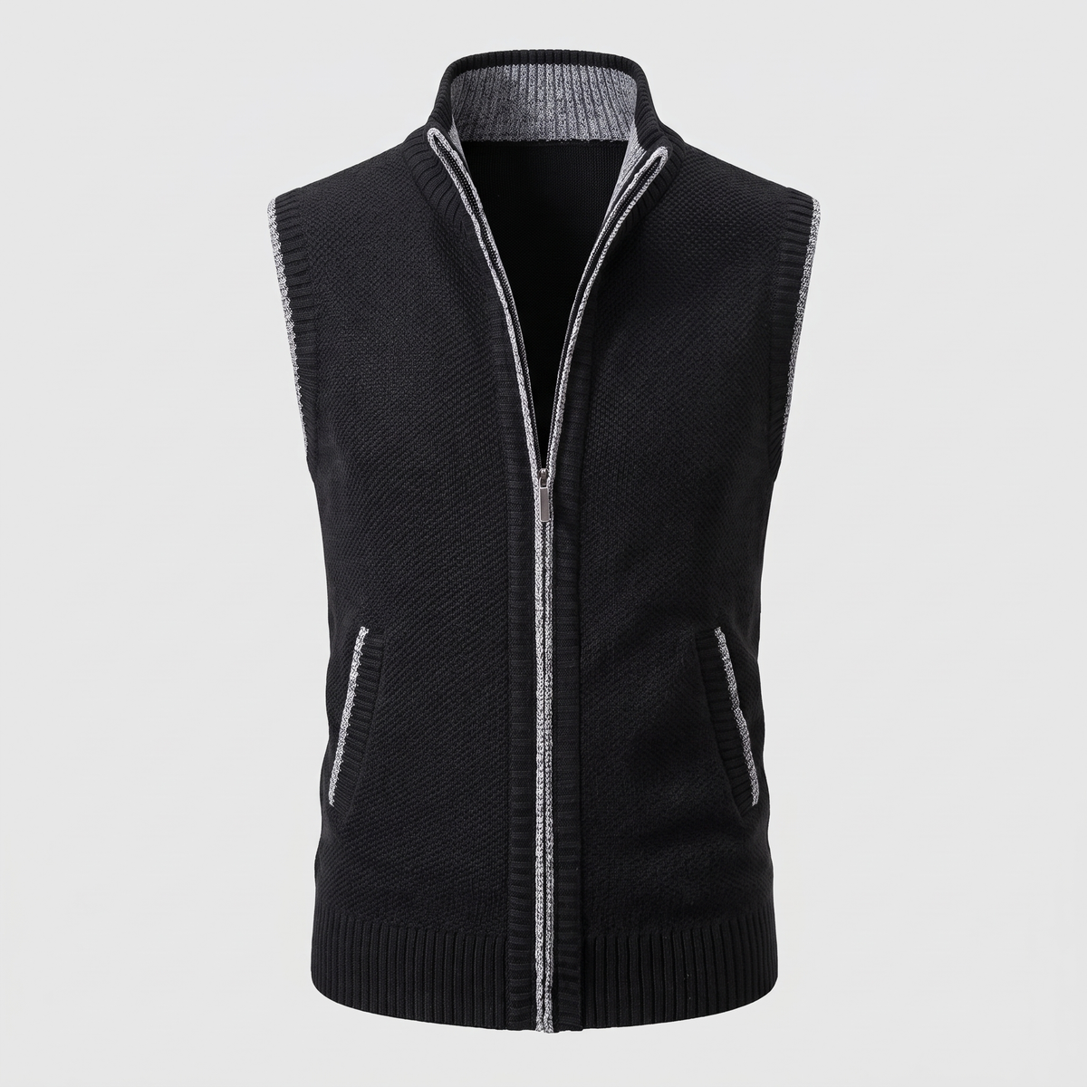 Ross | Mens Zip-Up Sweater Vest in Wool Blend | Turn-Down Collar, Two Side Pockets | Black, Khaki, Blue and More S-XXL