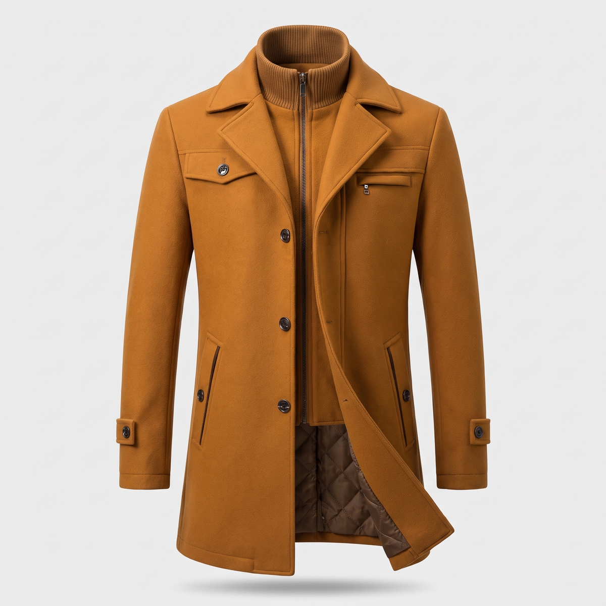 Dominik | Mens Wool Coat Lined with Double Collar — Quilted Satin Lining in 4 Colors XS–3XL | Westmere