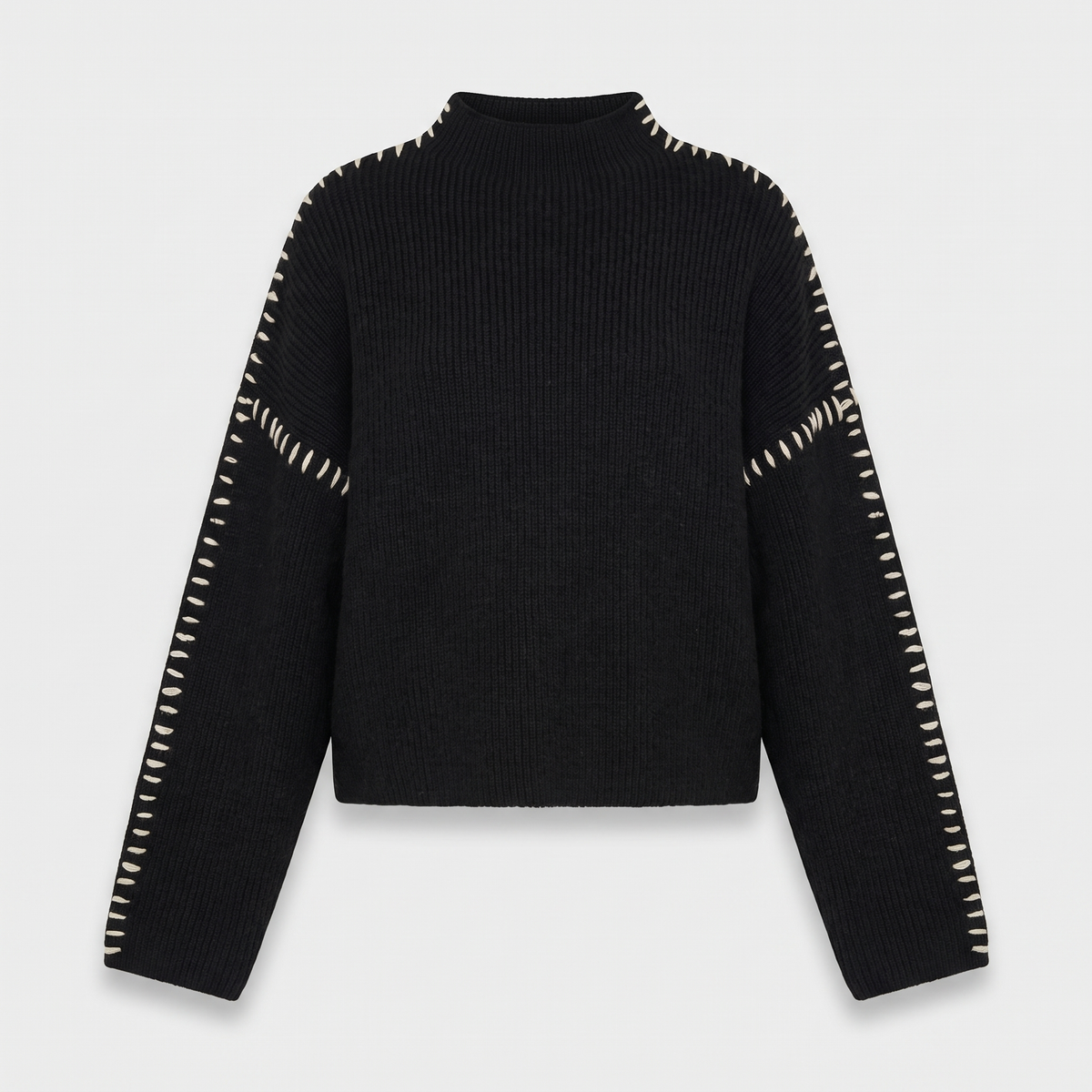 Verity | Women's Oversized Mock Neck Sweater — Chunky Knit with Contrast Whipstitch Trim | Westmere