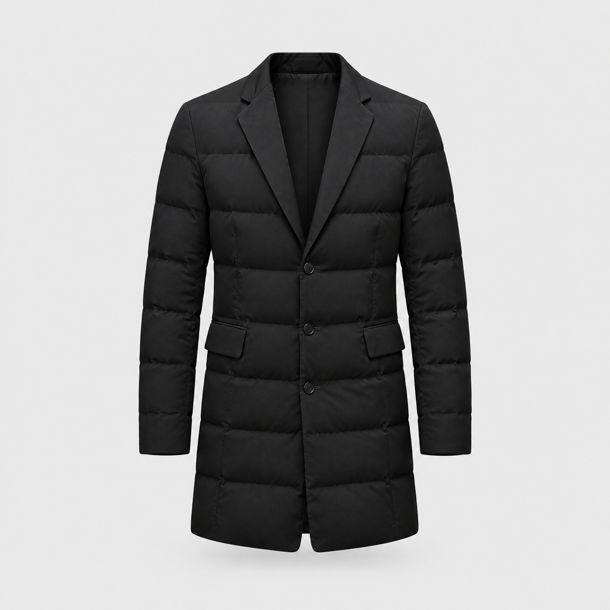 Men's Winter Down Jacket, Duck Down Filled | Tailored Lapel Collar, Button-Front & Side Pockets | Black | S–XXL