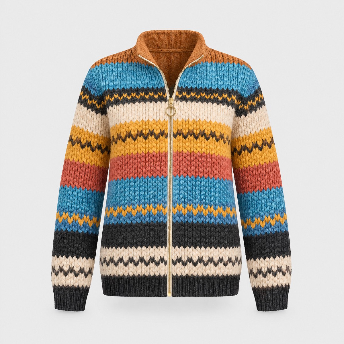 Trevena | Women's Striped Zip-Up Knit Cardigan — Bold Chevron Pattern in Turquoise & Coral | Westmere