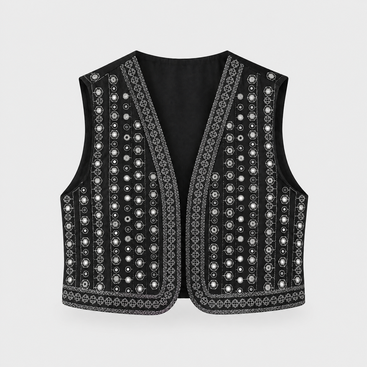Women's Sequin-Embroidered Boho Vest, Cropped Cut | Hand-Stitched Sparkle, Open-Front Design | Black | Sizes S–L