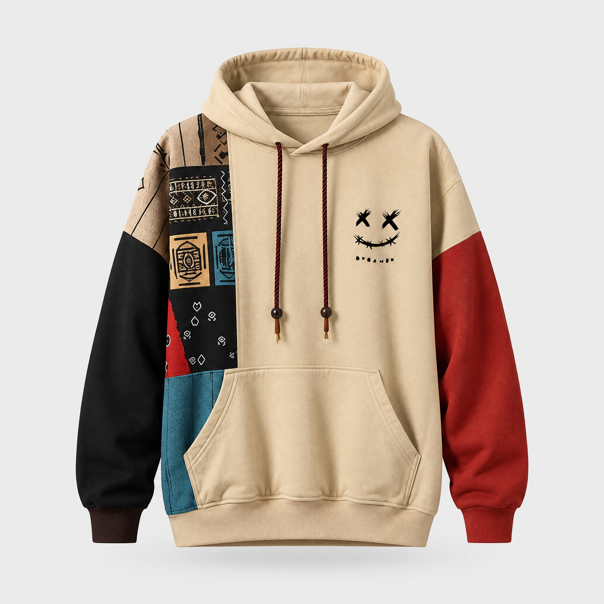 Chad | Mens Contrast Pattern Hoodie, Relaxed Fit | Cotton Blend, Metal Aglets | Khaki, Black and White 3XS-3XL