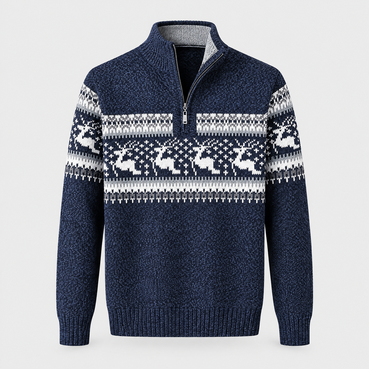 Daniel | Mens Fair Isle Half-Zip Sweater | Stand Collar, Ribbed Knit, Long Sleeves | Blue, Red and White S-2XL