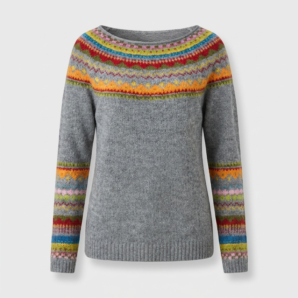 Delvina | Women's Fair Isle Colorblock Knit Sweater — Boat Neck Pullover with Yoke Stripe | Westmere