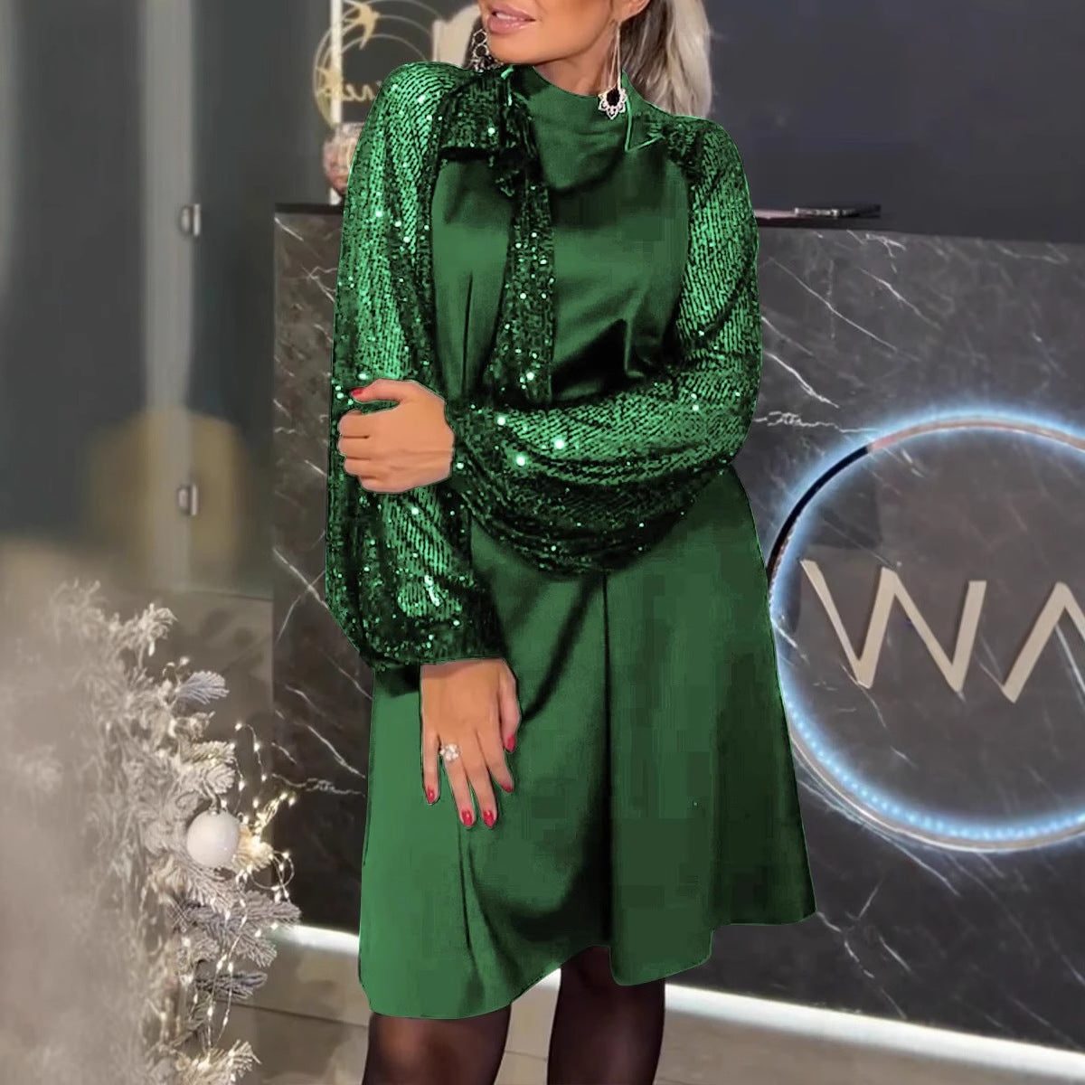 Eudora | Sequin Mini Dress with High Neck and Long Sleeves for Women