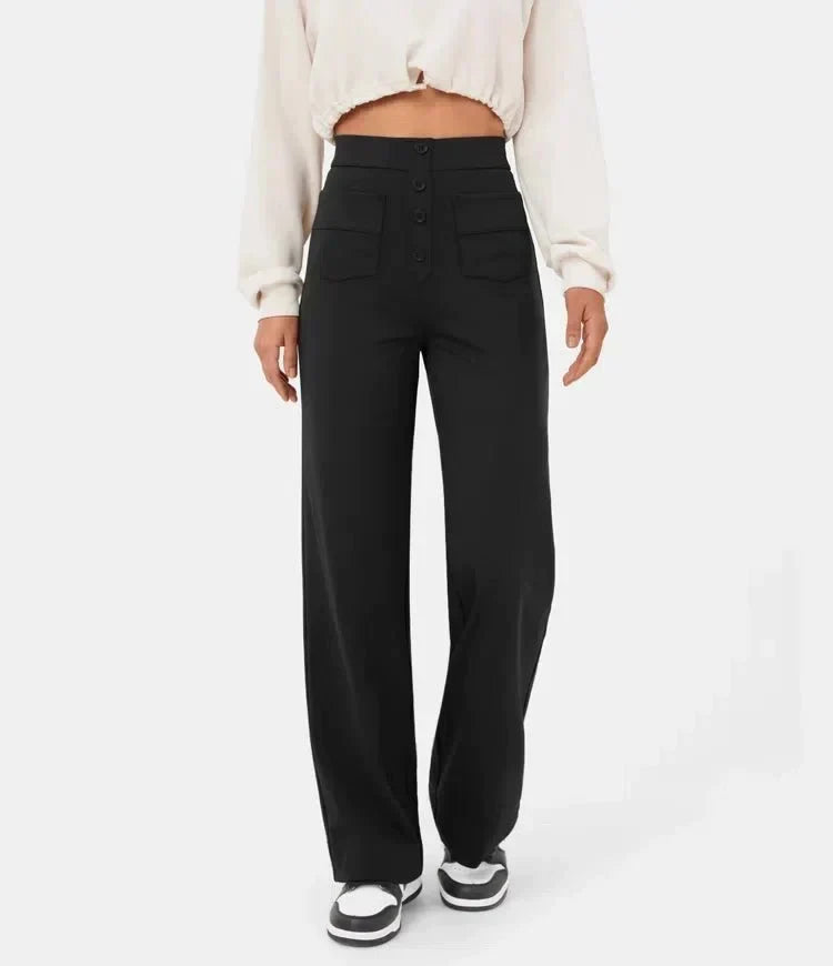 Women's High Waist Leisure Pants – Stretch Pocket Relaxed Fit Trousers