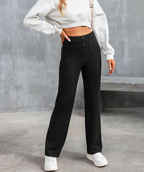 Women's High Waist Leisure Pants – Stretch Pocket Relaxed Fit Trousers