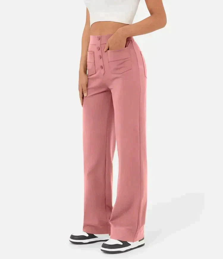 Women's High Waist Leisure Pants – Stretch Pocket Relaxed Fit Trousers