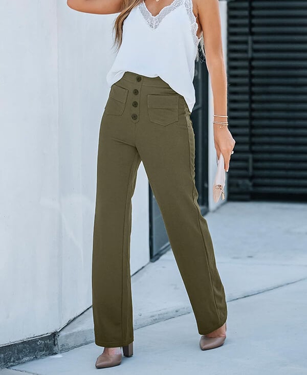 Women's High Waist Leisure Pants – Stretch Pocket Relaxed Fit Trousers