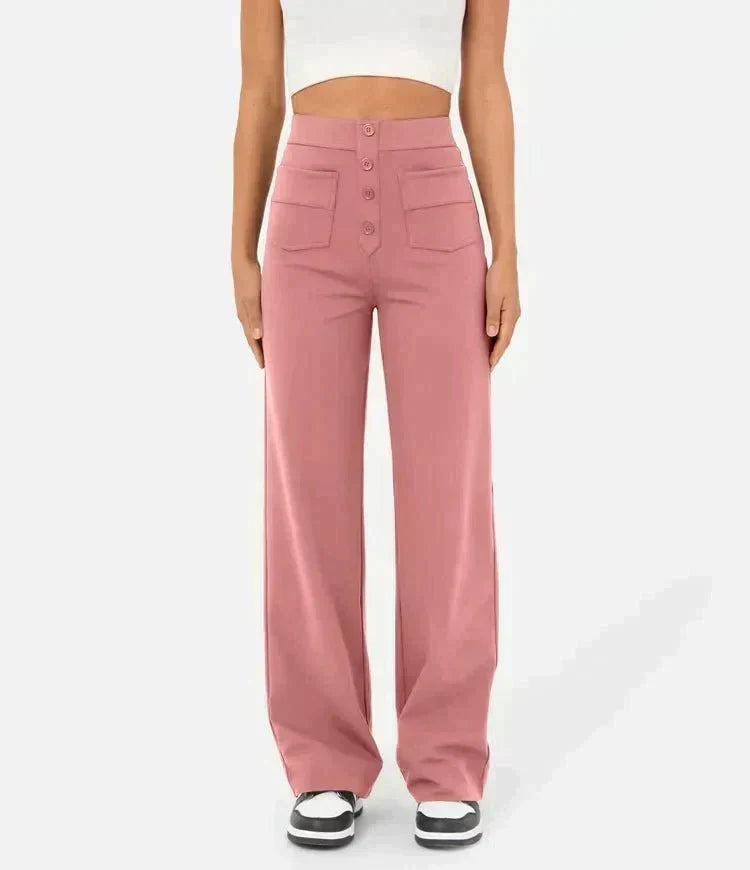 Women's High Waist Leisure Pants – Stretch Pocket Relaxed Fit Trousers