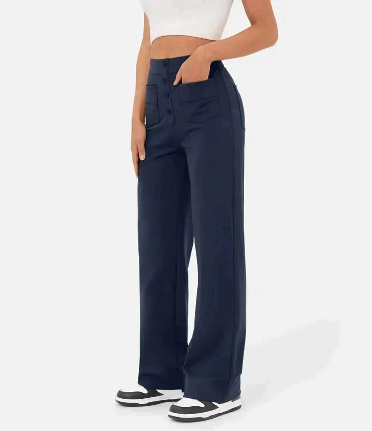 Women's High Waist Leisure Pants – Stretch Pocket Relaxed Fit Trousers