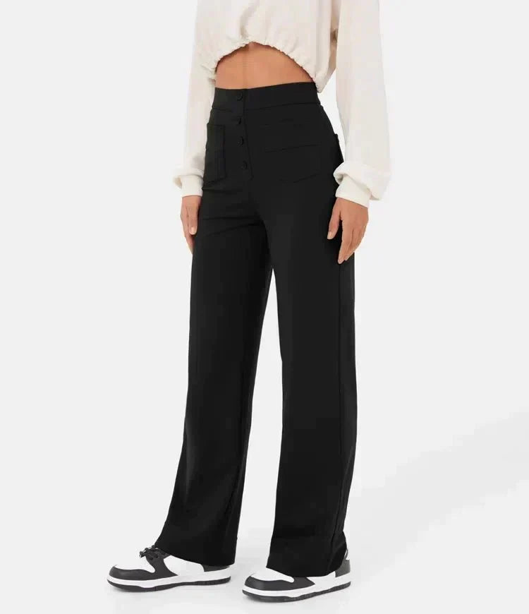 Women's High Waist Leisure Pants – Stretch Pocket Relaxed Fit Trousers