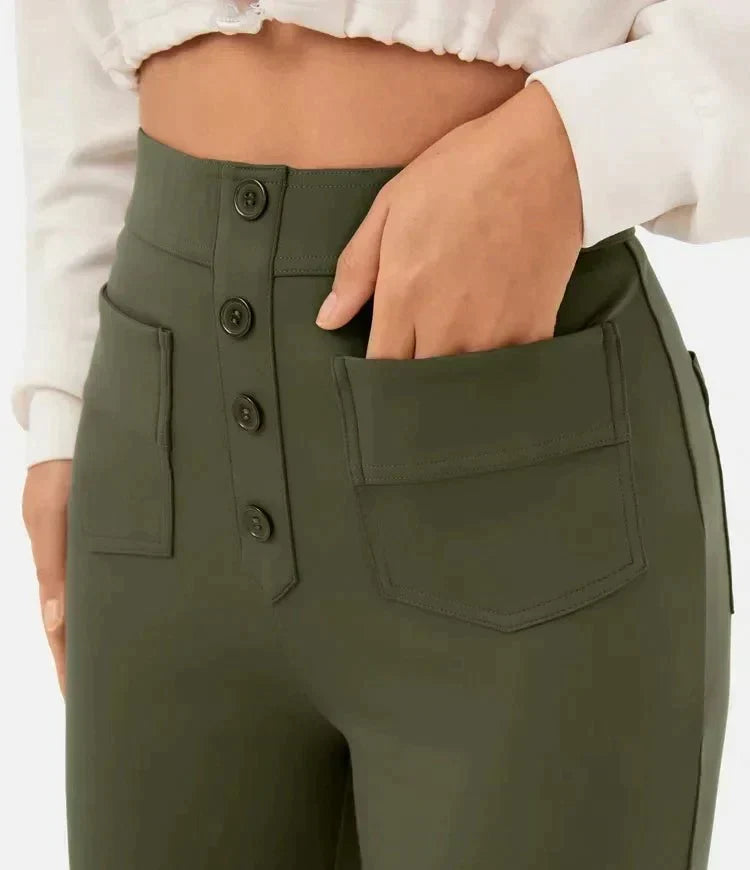 Women's High Waist Leisure Pants – Stretch Pocket Relaxed Fit Trousers