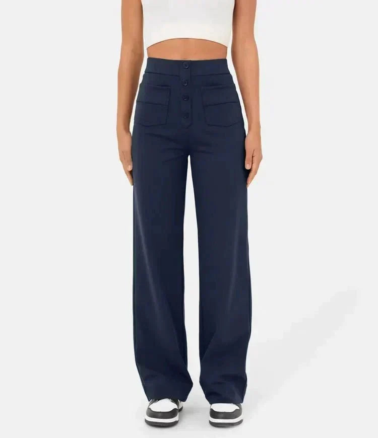 Women's High Waist Leisure Pants – Stretch Pocket Relaxed Fit Trousers