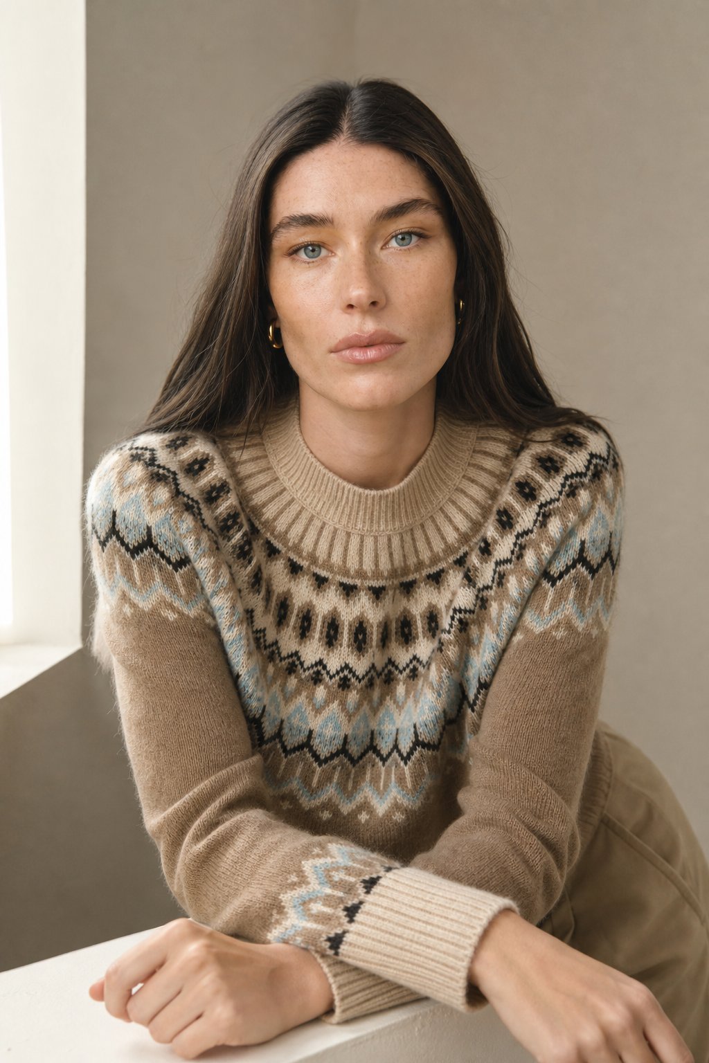 Carrie | Womens Fair Isle Cashmere Sweater with Mock Neck | Jacquard Knit Pattern, Standard Fit | Camel, Pink, Sky S-XL