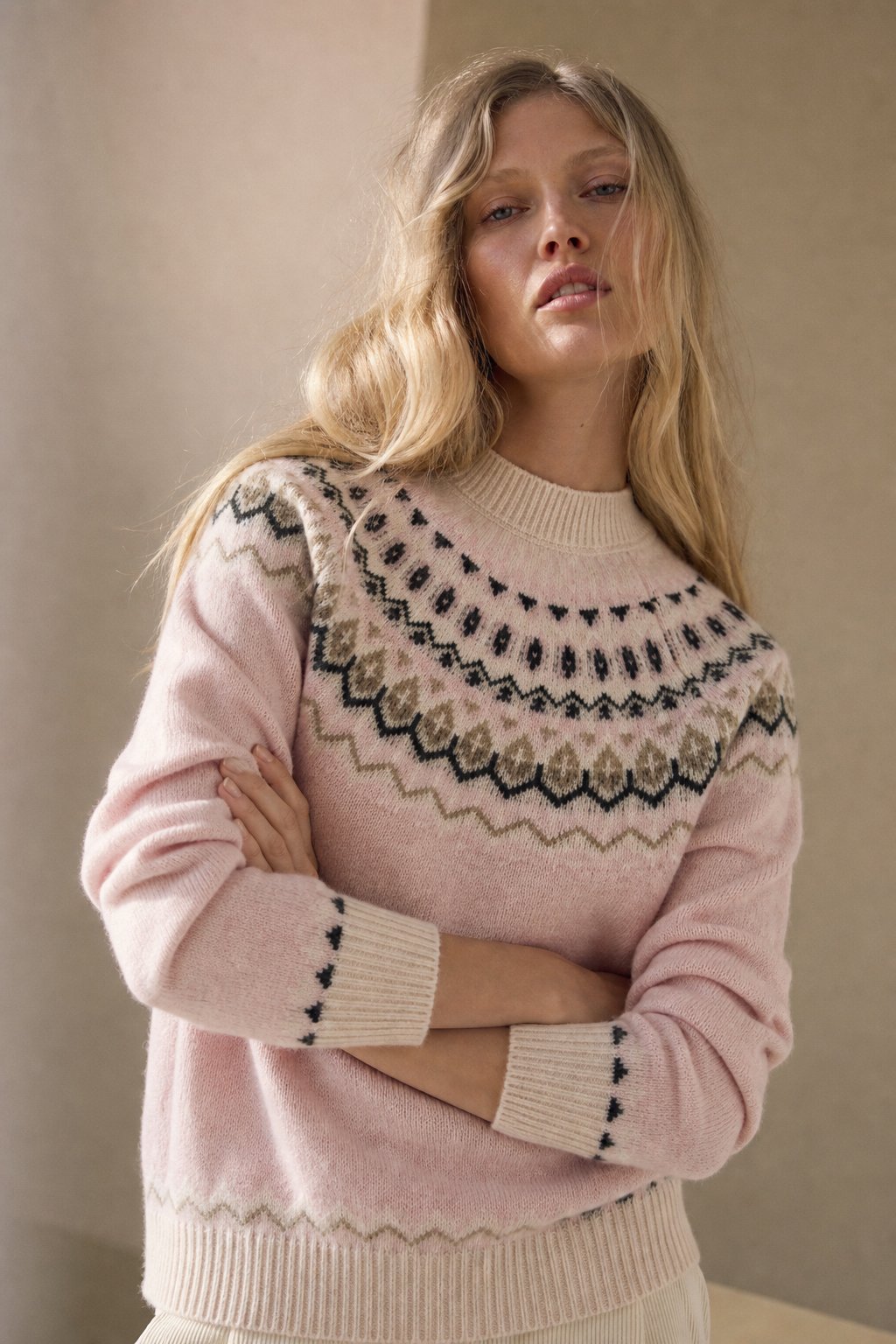 Carrie | Womens Fair Isle Cashmere Sweater with Mock Neck | Jacquard Knit Pattern, Standard Fit | Camel, Pink, Sky S-XL