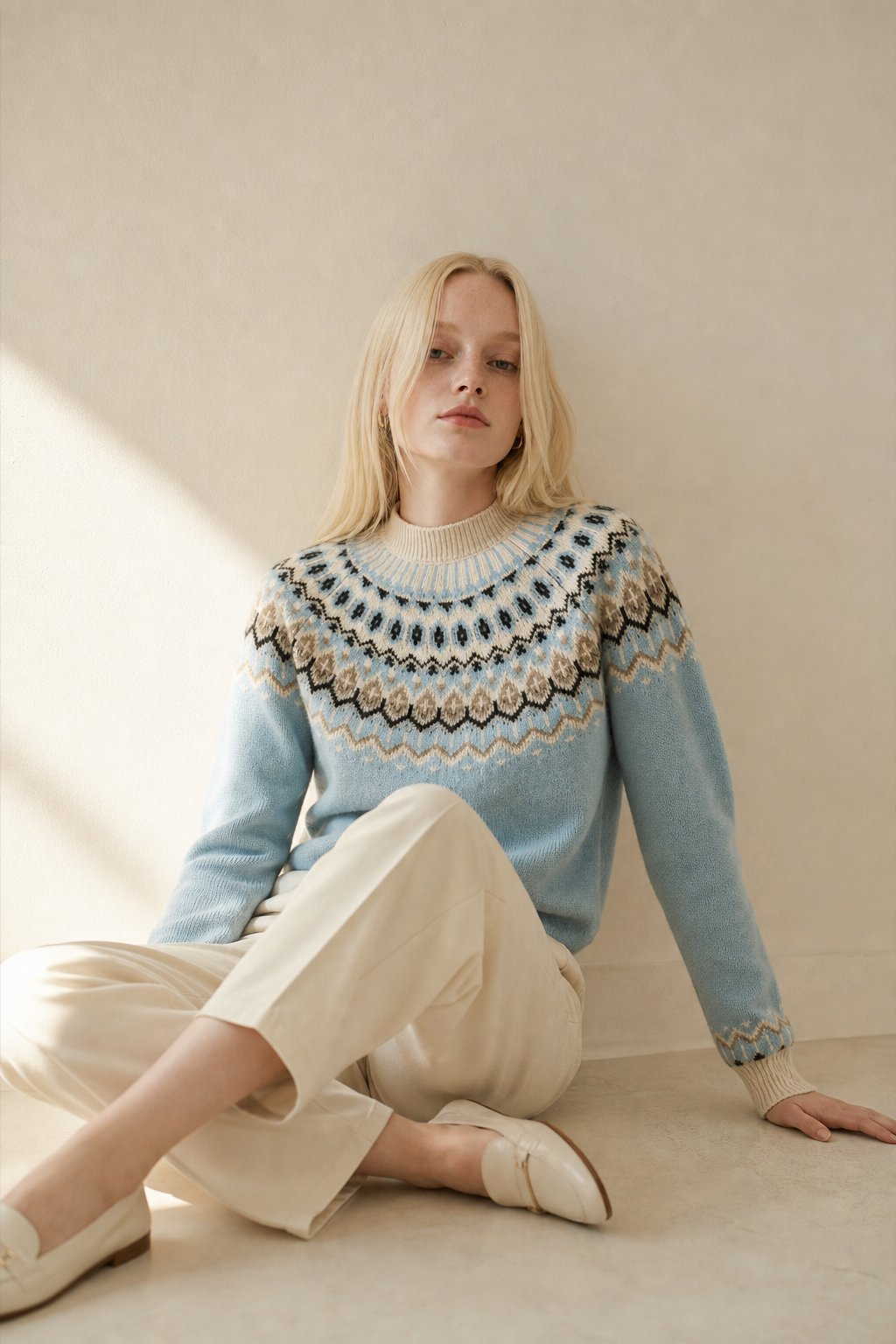 Carrie | Womens Fair Isle Cashmere Sweater with Mock Neck | Jacquard Knit Pattern, Standard Fit | Camel, Pink, Sky S-XL