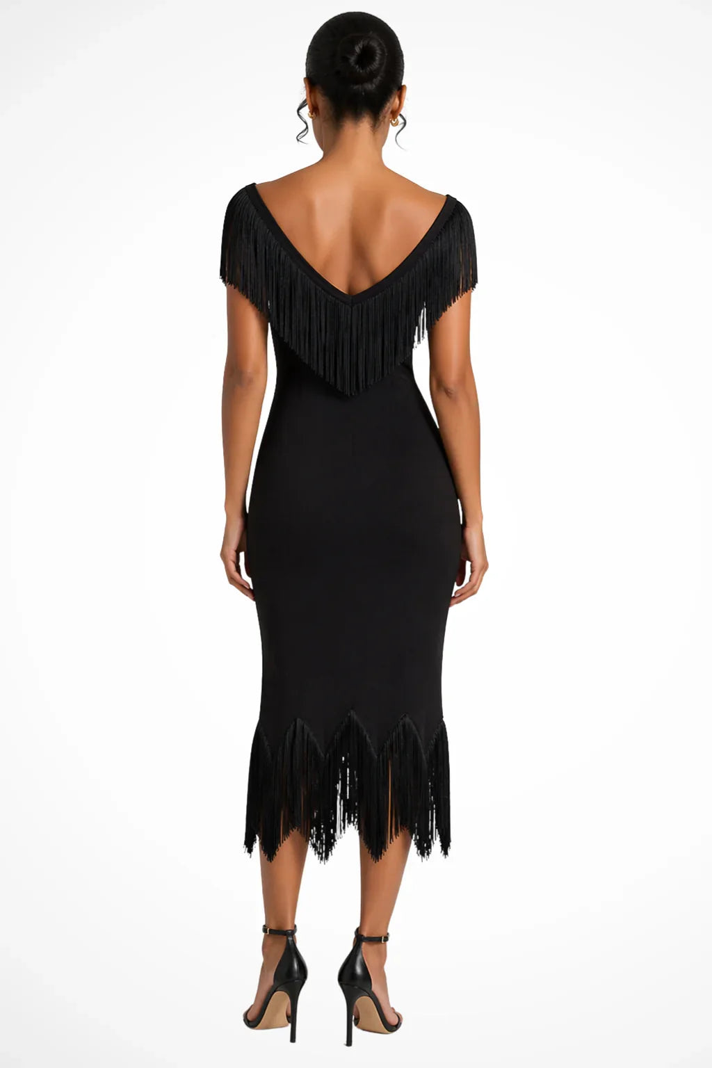 Holly | V-Neck Fringe Off Shoulder Formal Evening Midi Dress