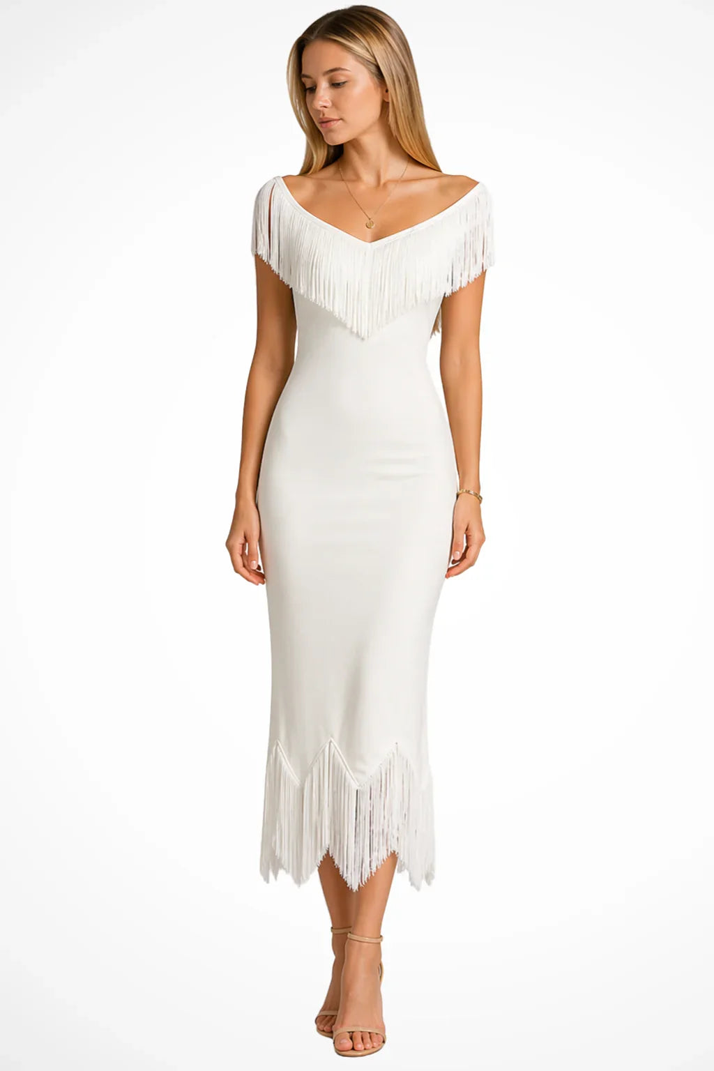 Holly | V-Neck Fringe Off Shoulder Formal Evening Midi Dress