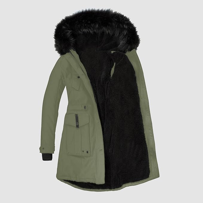 Holly | Women's Fur Trim Hooded Parka Jacket with Drawstring Waist