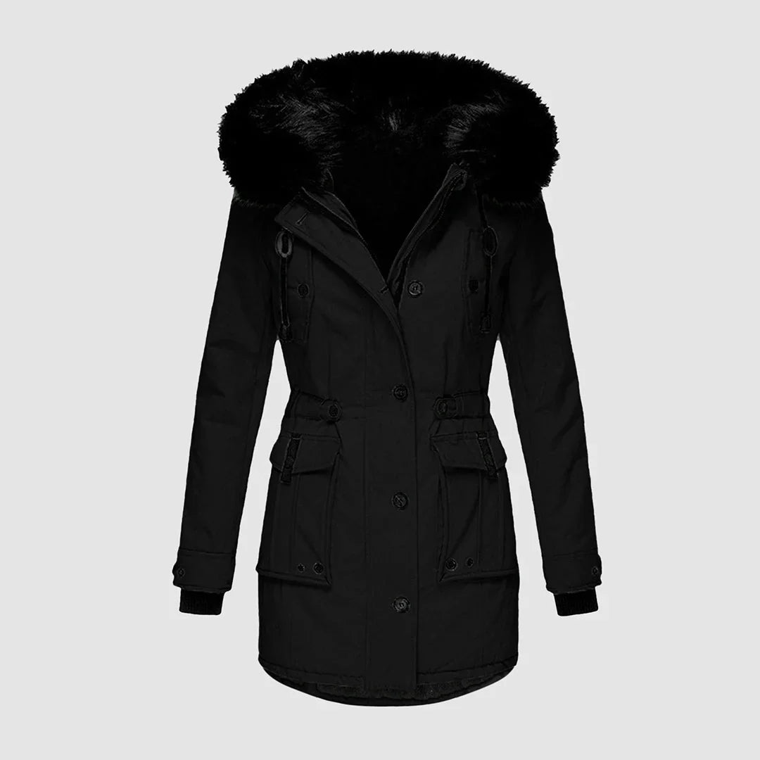 Holly | Women's Fur Trim Hooded Parka Jacket with Drawstring Waist