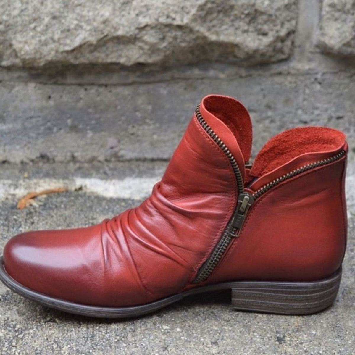 Holly | Women's Leather Ruched Side-Zip Low-Heel Ankle Boots