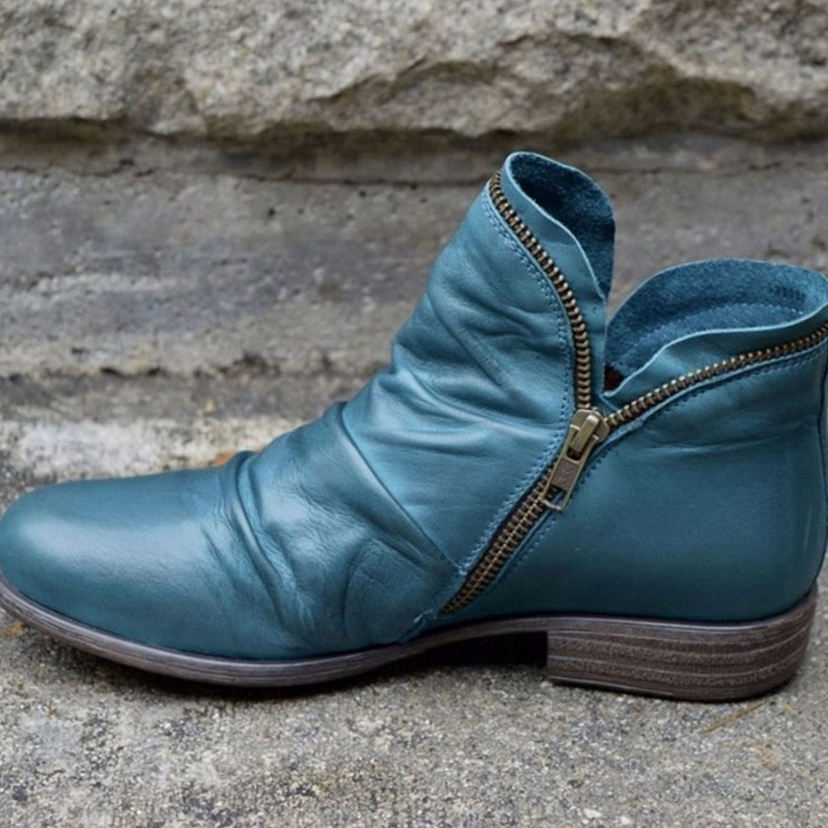 Holly | Women's Leather Ruched Side-Zip Low-Heel Ankle Boots