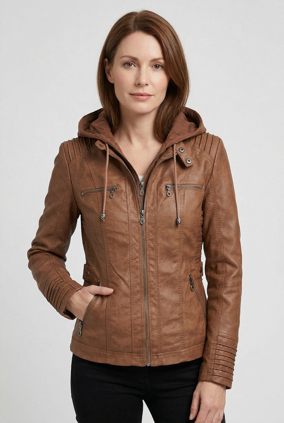 Iolanthe | Leather Look Hooded Zip-Up Jacket for Women